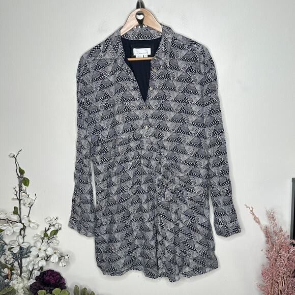 ANTHROPOLOGIE Linen Long Sleeve Collared Mini Dress Black White Sz L {Z36} - Picture 2 of 6